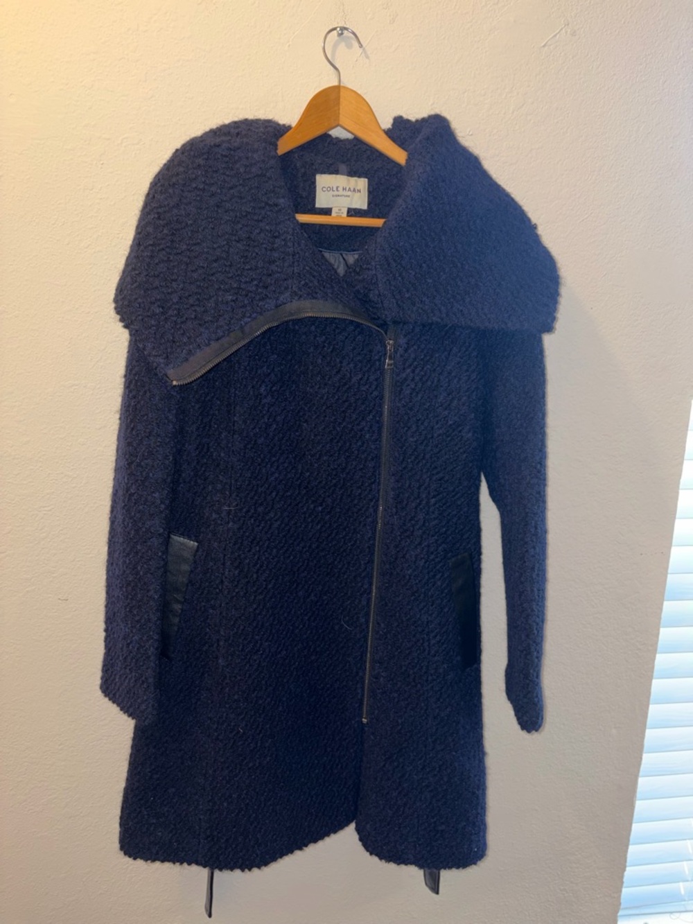 Womens Blue/Navy COLE HAAN ASYMMETRICAL BOUCLE WOOL BLEND COAT SZ 10